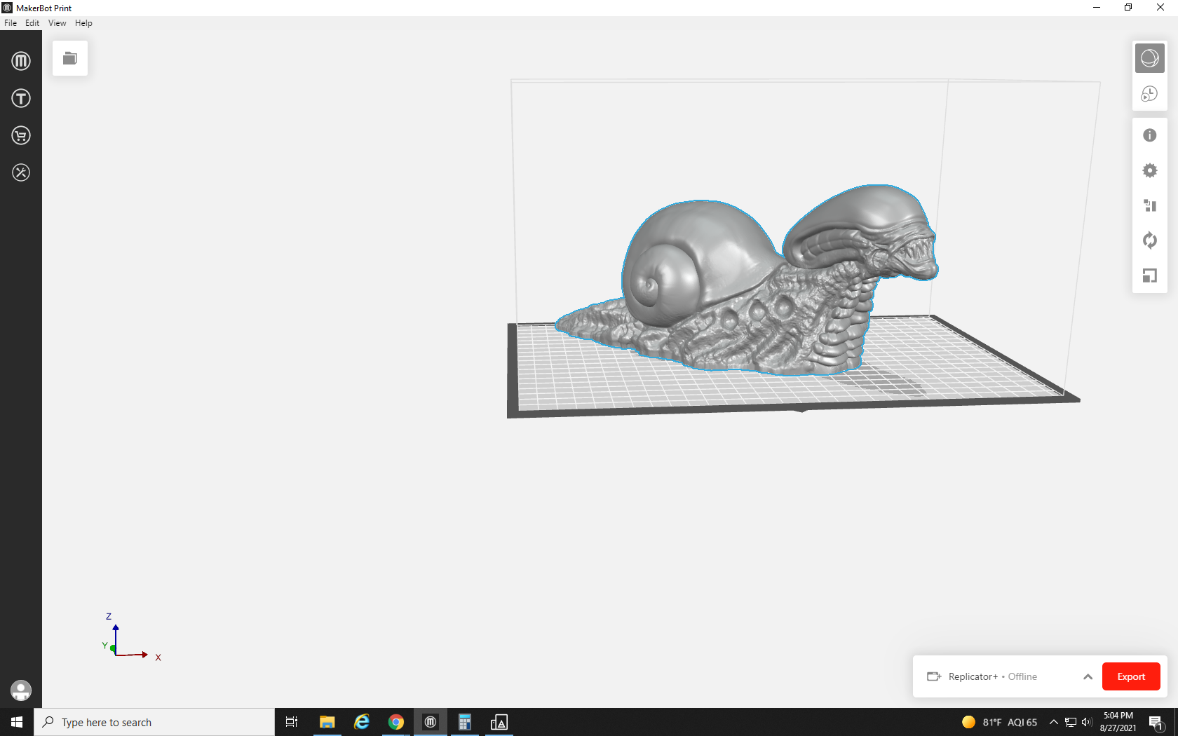 screenshot of snail-xenomorph hybrid model in MakerBot Print software