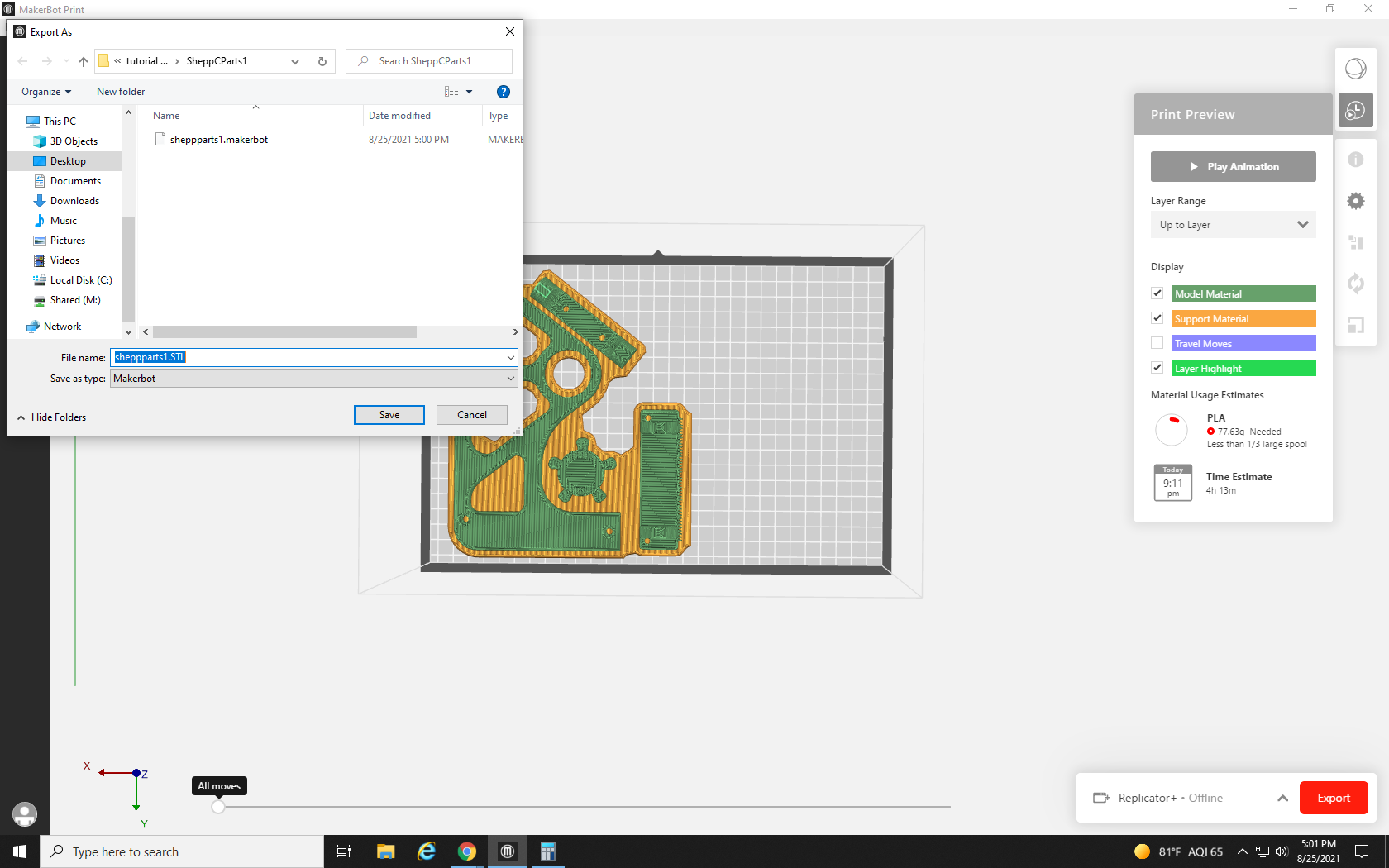 Screenshot showing the file save menu for Build Plate 1's MakerBot file in Makerbot Print