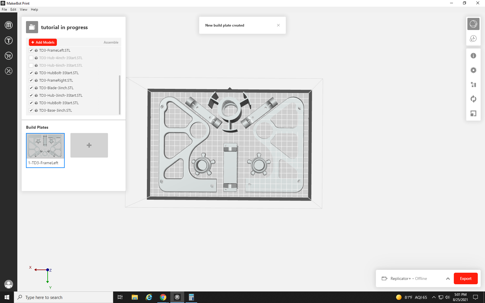 Screenshot showing restored full build plate with all tape dispenser components in MakerBot Print