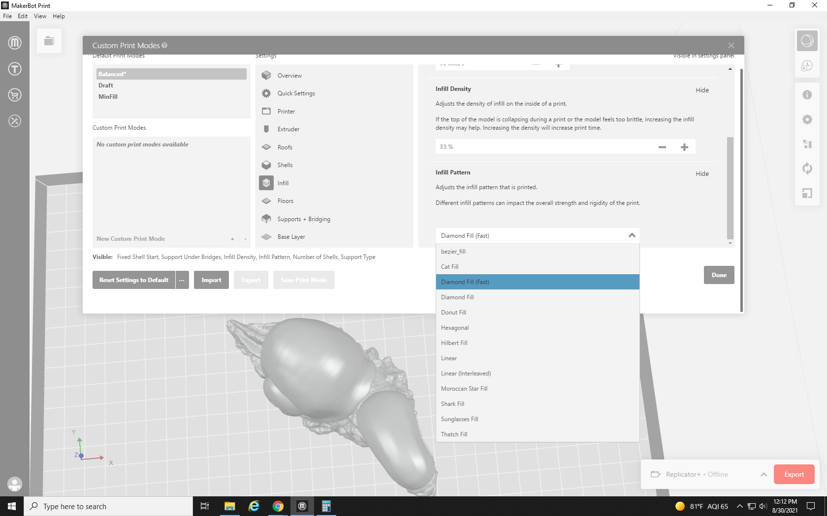 screenshot of Infill pattern settings in MakerBot Print
