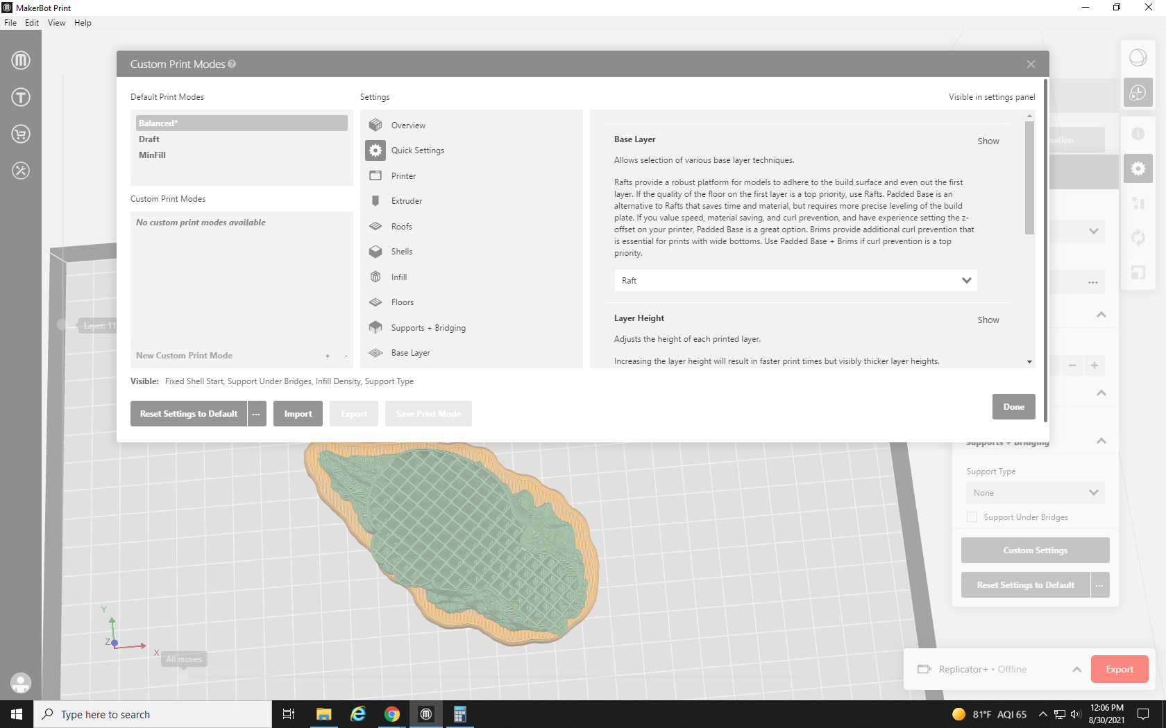screenshot showing the MakerBot Print quick settings menu