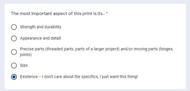 Screenshot of print importance options on Re3D request form