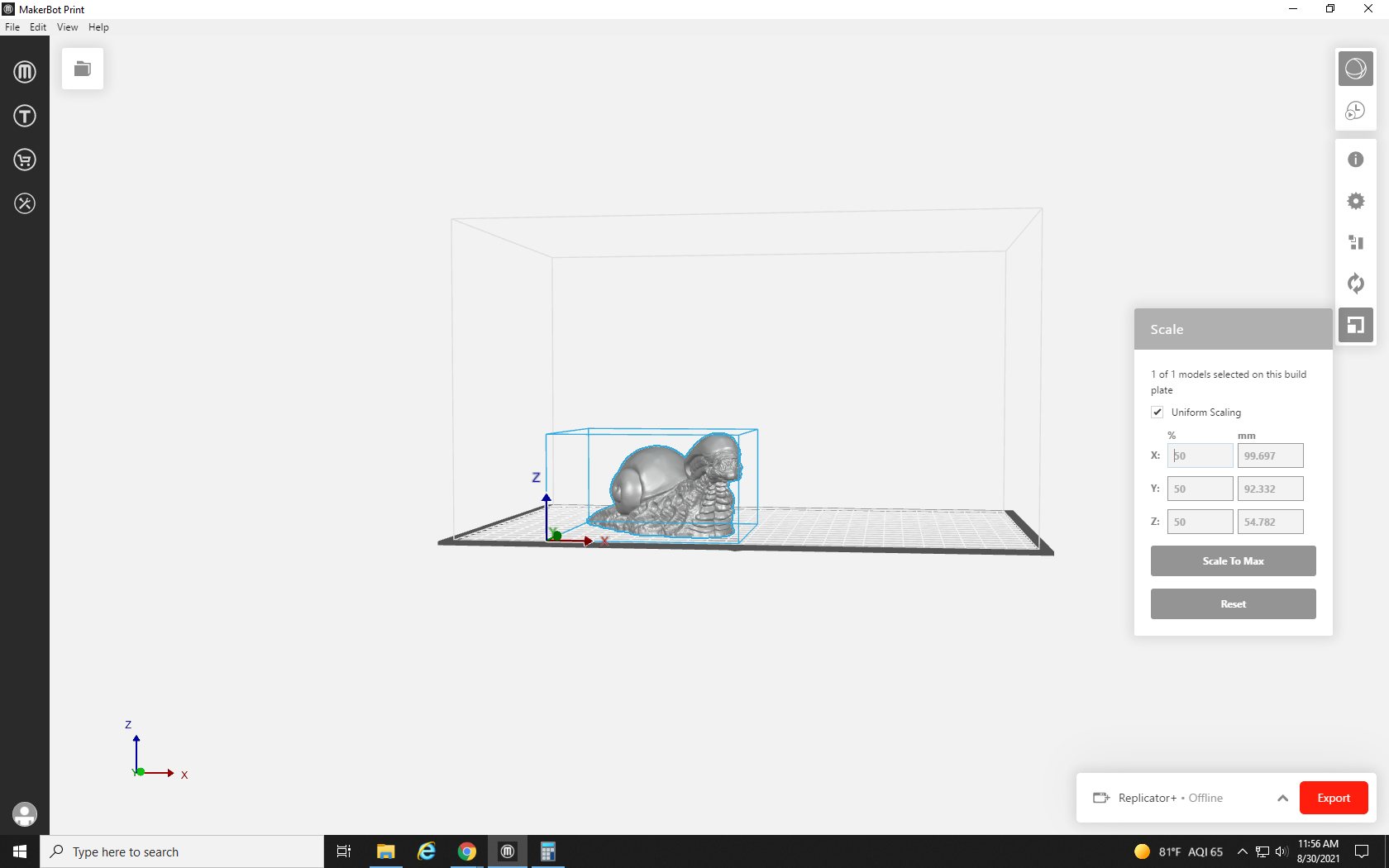 screenshot showing 3D model uniformly scaled in MakerBot Print so that the model is smaller and proportional