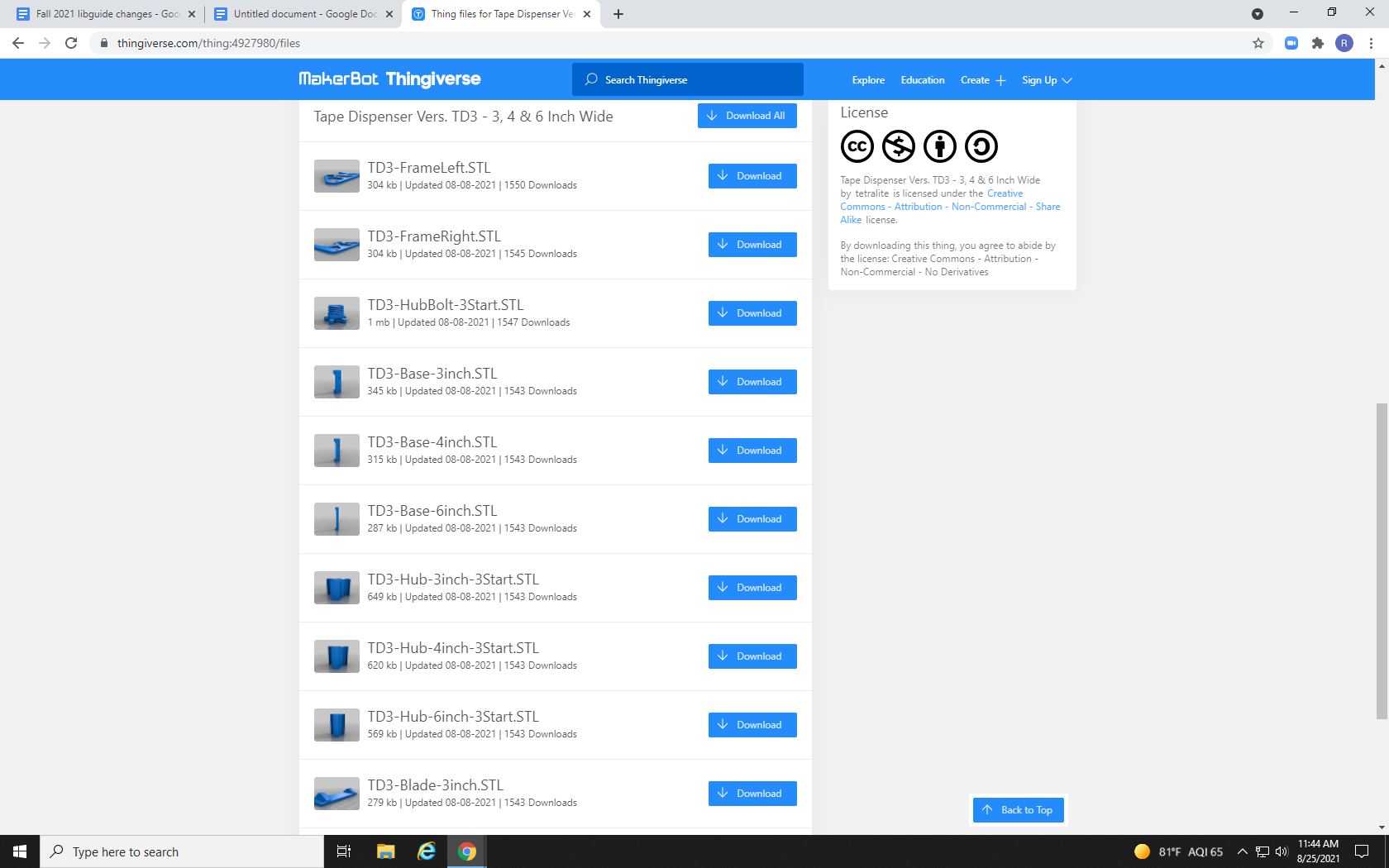 Screenshot of the file list associated with a print on Thingiverse, with "Download All" button highlighted.