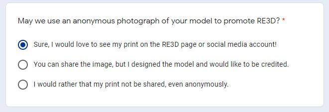 Screenshot of Re3D print gallery options on Re3D request form