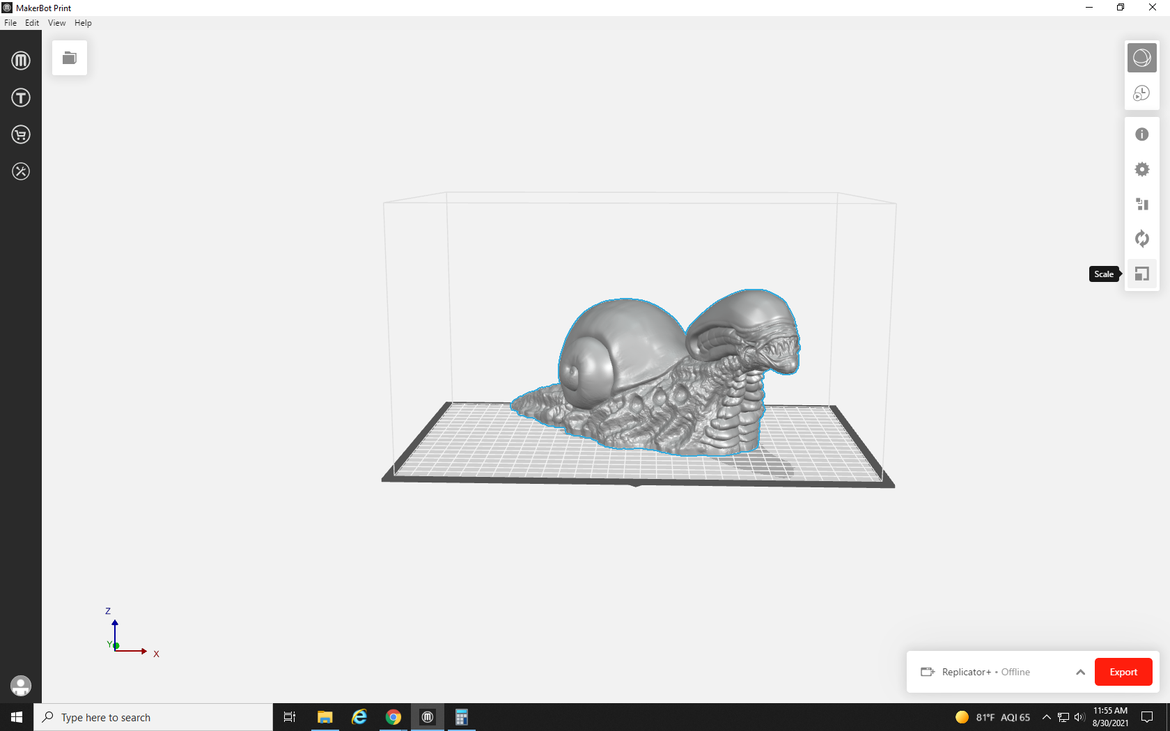 screenshot showing the Scale tool in MakerBot Print software