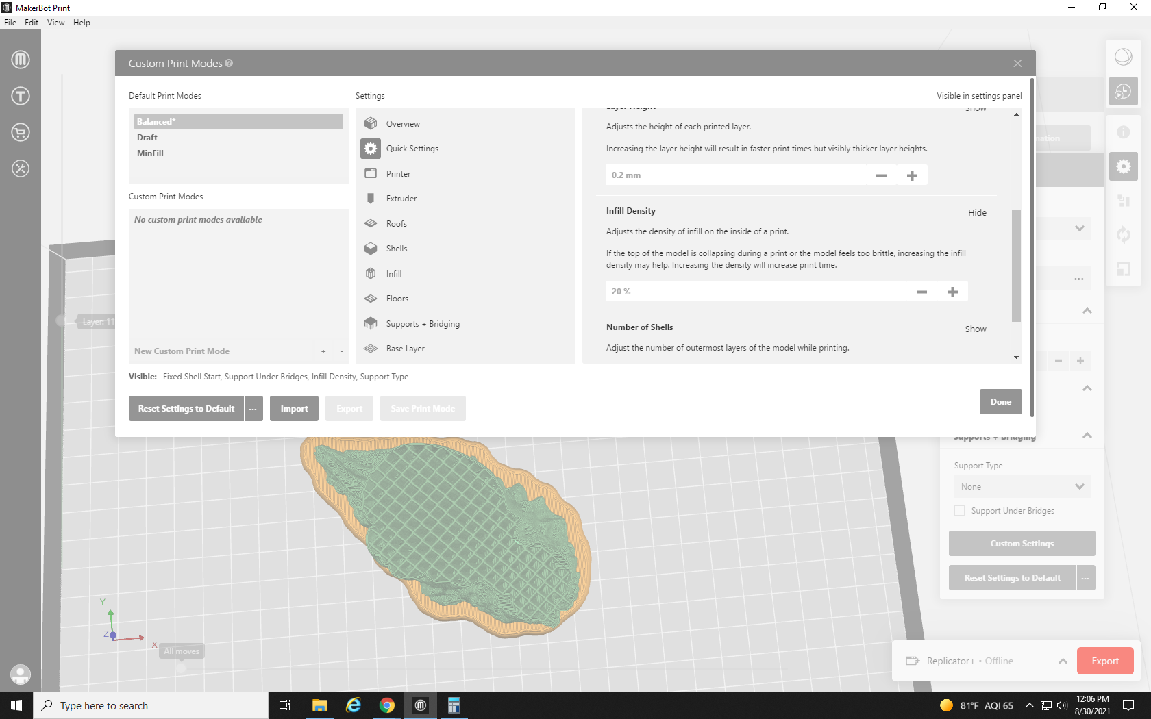 screenshot showing Infill density menu in MakerBot Print