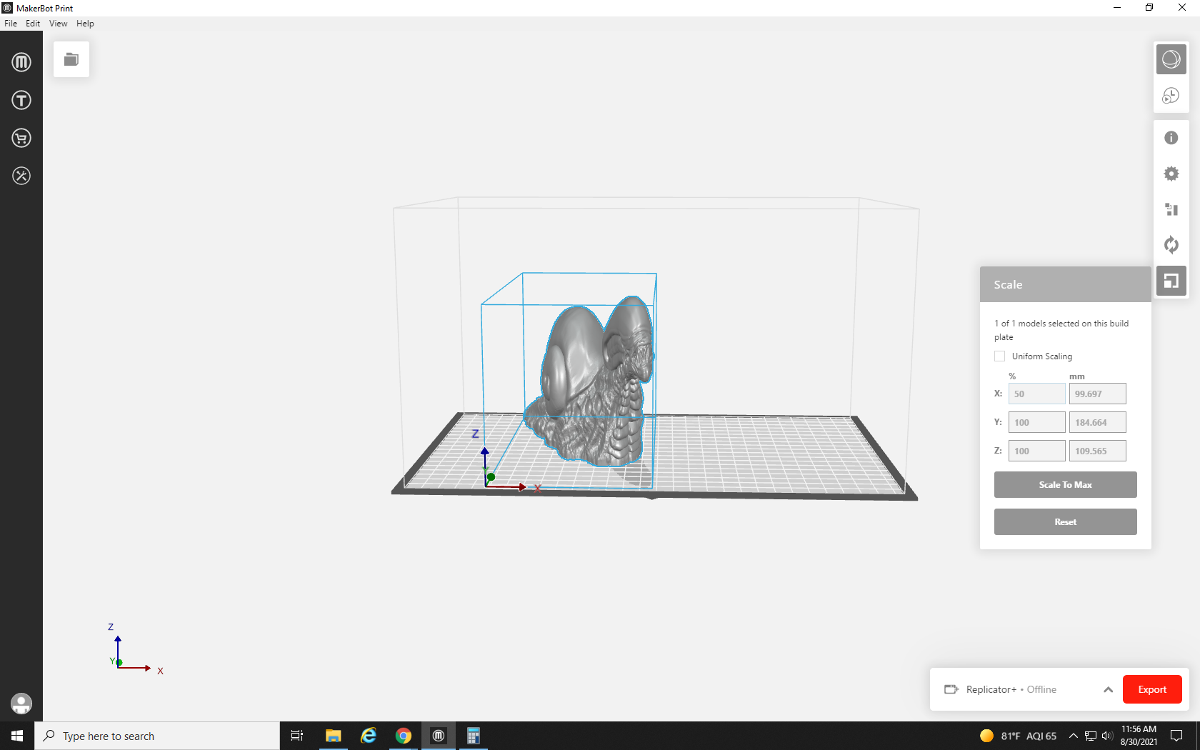 screenshot of 3D model being non-uniformly scaled in MakerBot Print, causing the model to be squished together and out of proportion