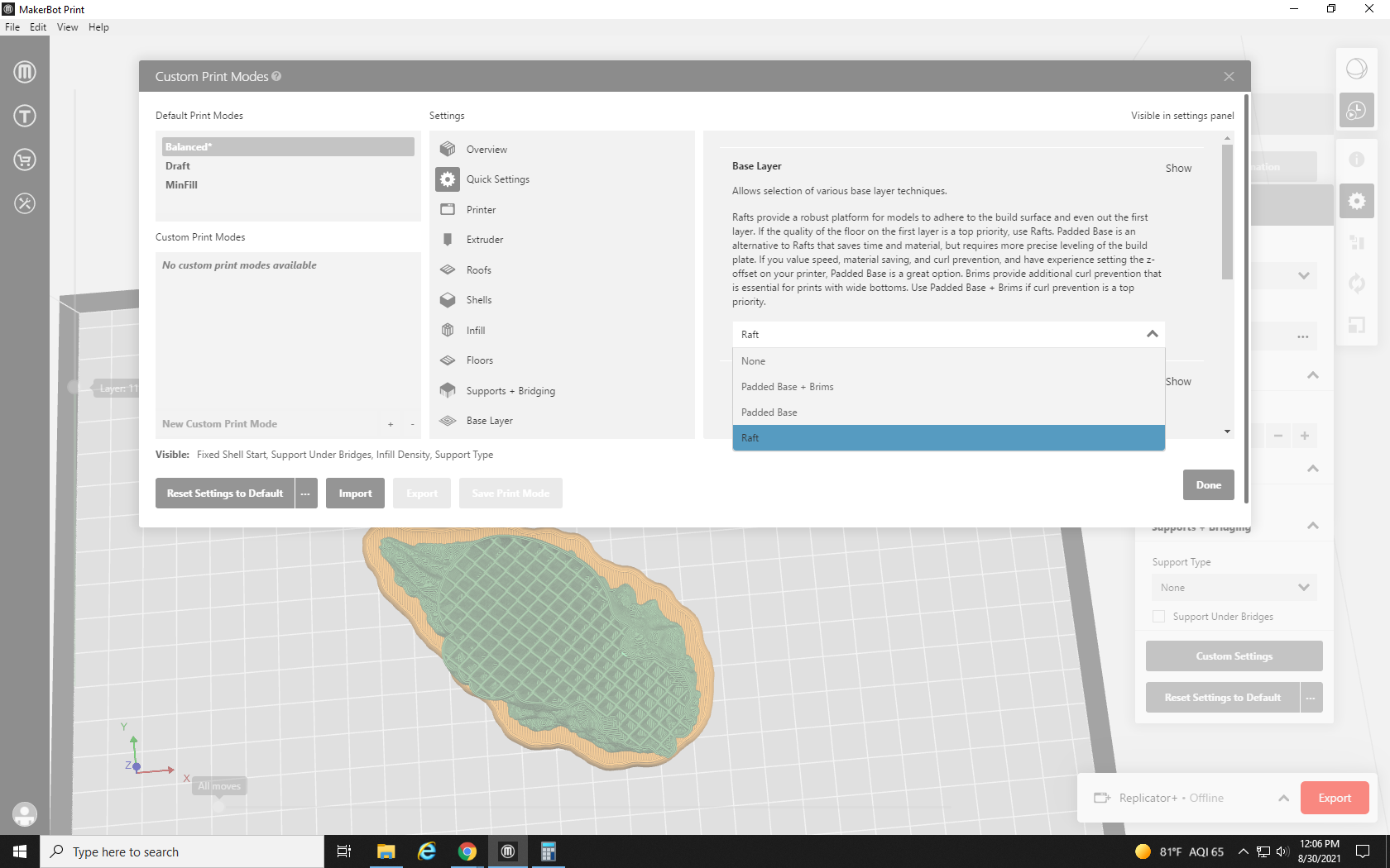 screenshot showing the base layer options in MakerBot Print