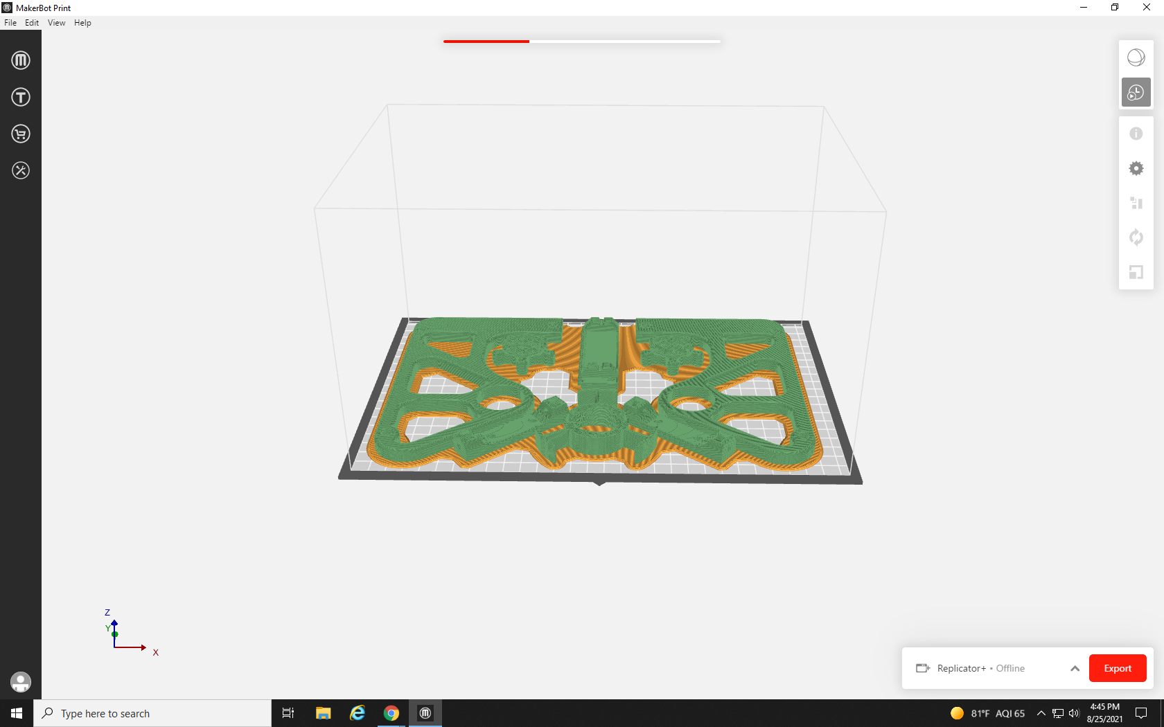 Screenshot showing the slicing process in MakerBot Print, with the print model parts in green and the support material shown in yellow.