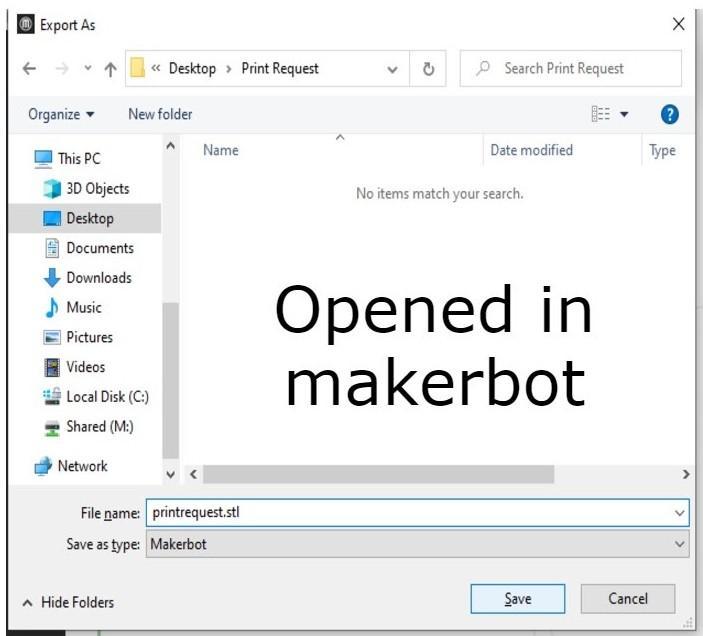 Screenshot showing the process of exporting the STL File from MakerBot Print