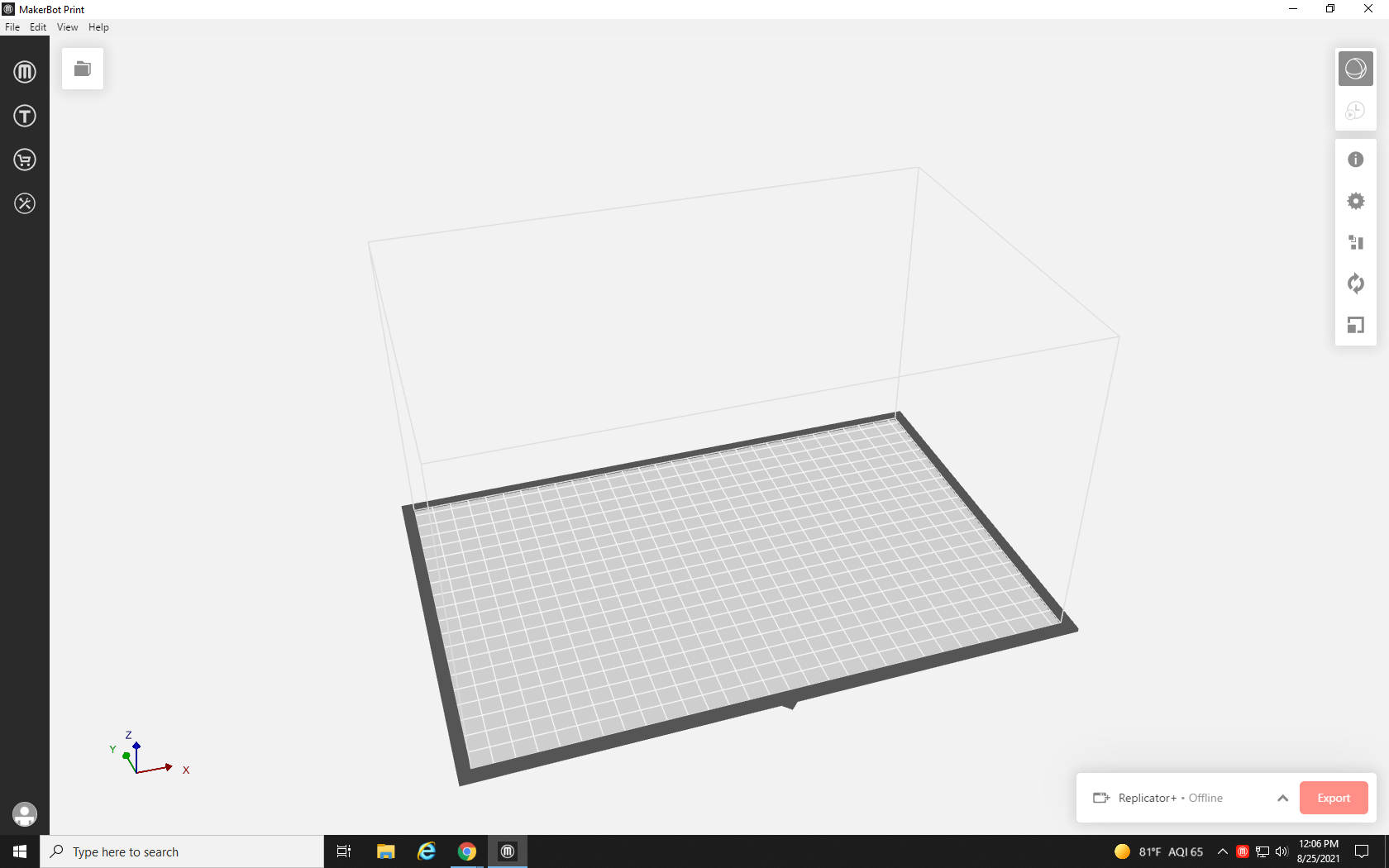 Screenshot of MakerBot Print software showing a new project with a blank build plate.