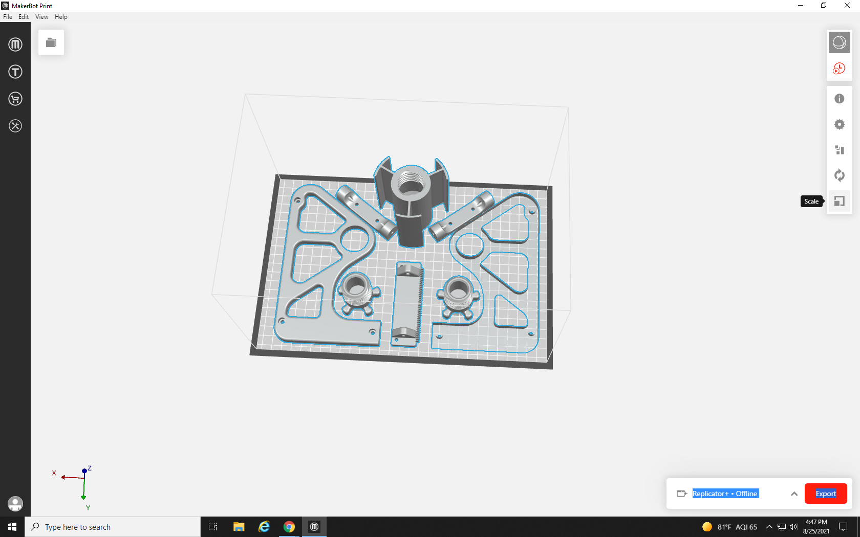 Screenshot showing Slice tool at the bottom of the right-hand toolbar in MakerBot Print