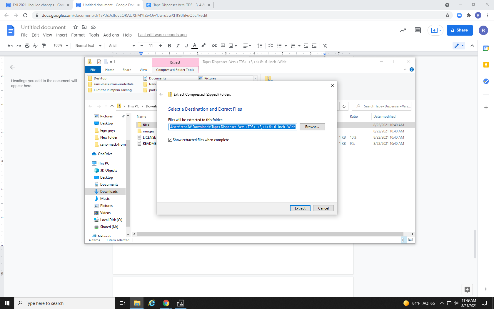 Screenshot of the destination selection menu for unzipped files to extract to.