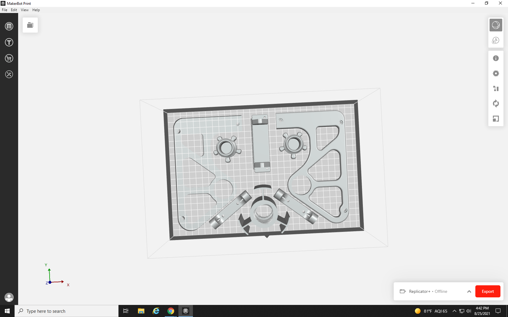 Screenshot of build plate with correctly arranged print parts and no red wireframe error showing.