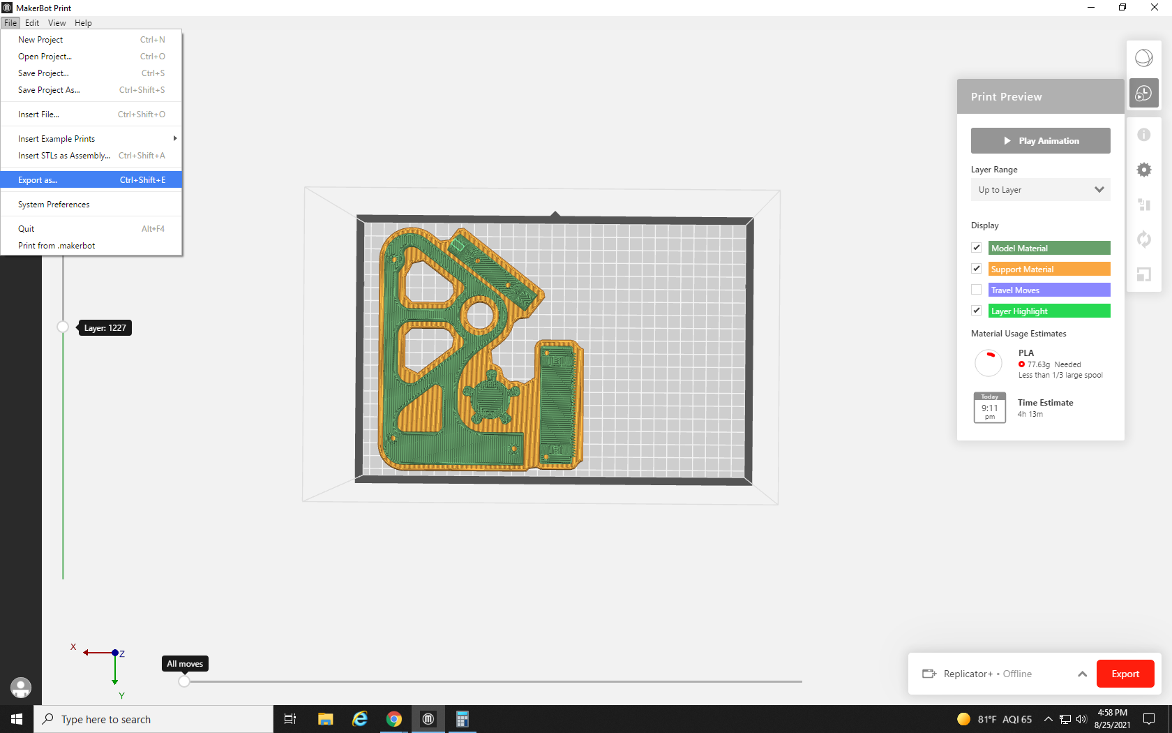 Screenshot showing export process for Build Plate 1 in MakerBot Print