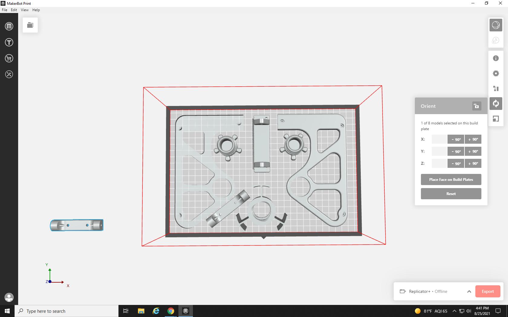 Screenshot of build plate with parts correctly arranged to leave room for the raft, minus one small part that needs rotating.