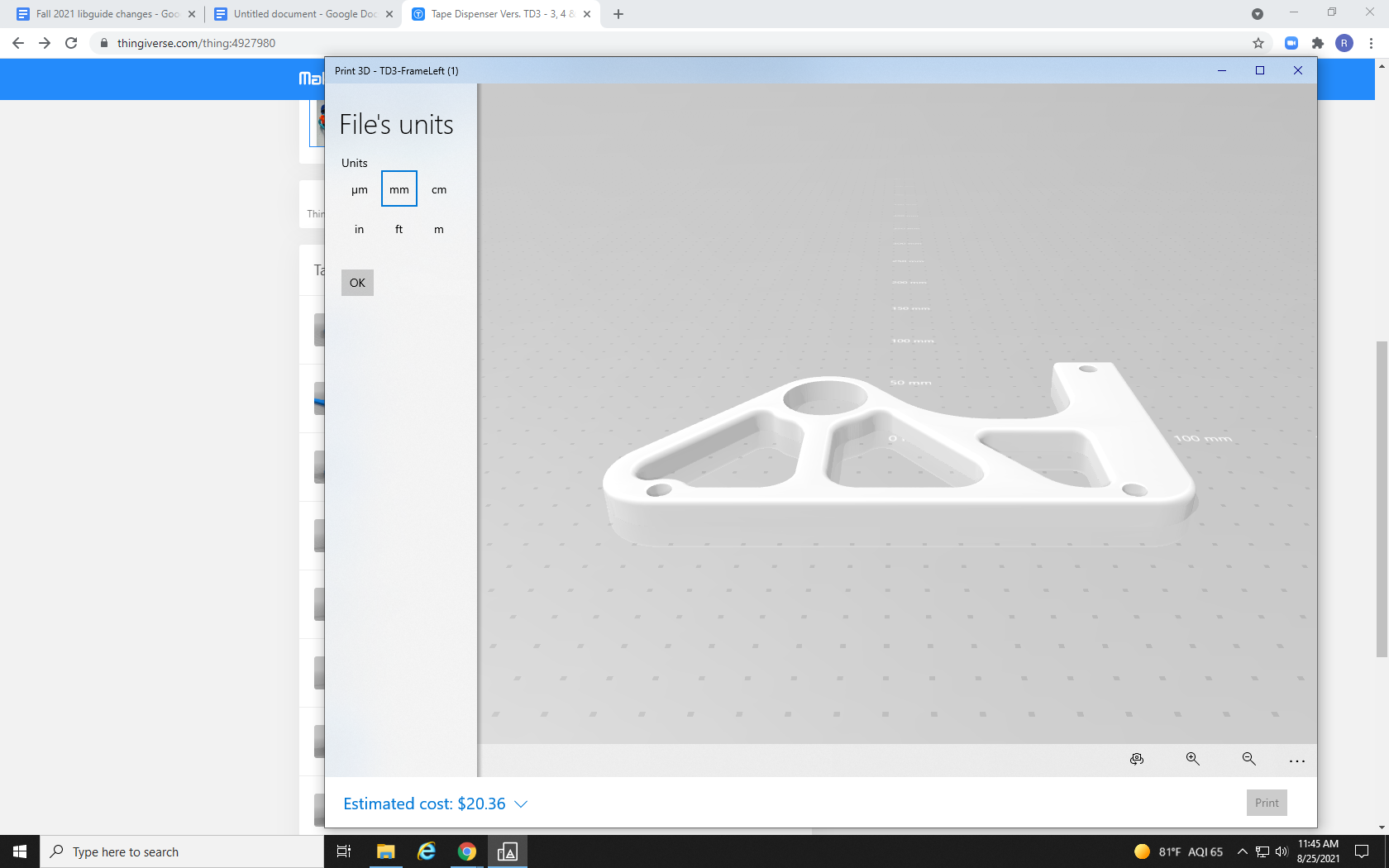 Screenshot of the measurement unit options for the print, with millimeters selected.